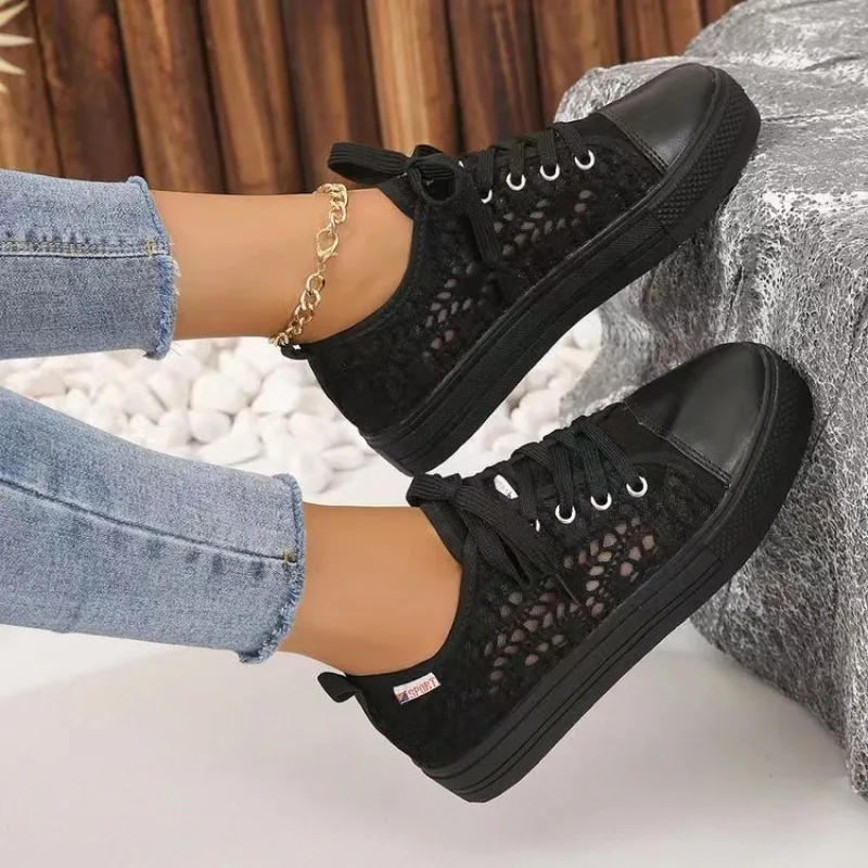 Women Shoes 2023 Fashion Summer Casual White Shoes Cutouts Lace Canvas Hollow Breathable Platform Flat Shoes Woman Sneakers 2