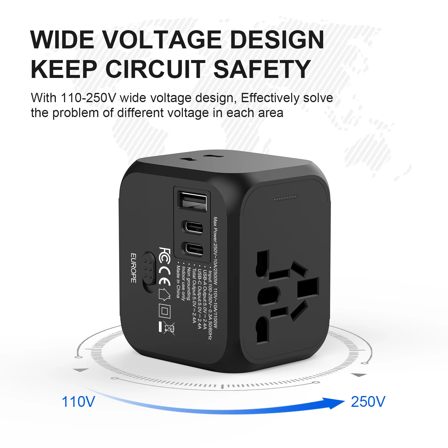 Universal Travel Charger with Dual USB & Type-C Ports - All-in-One Plug Adapter