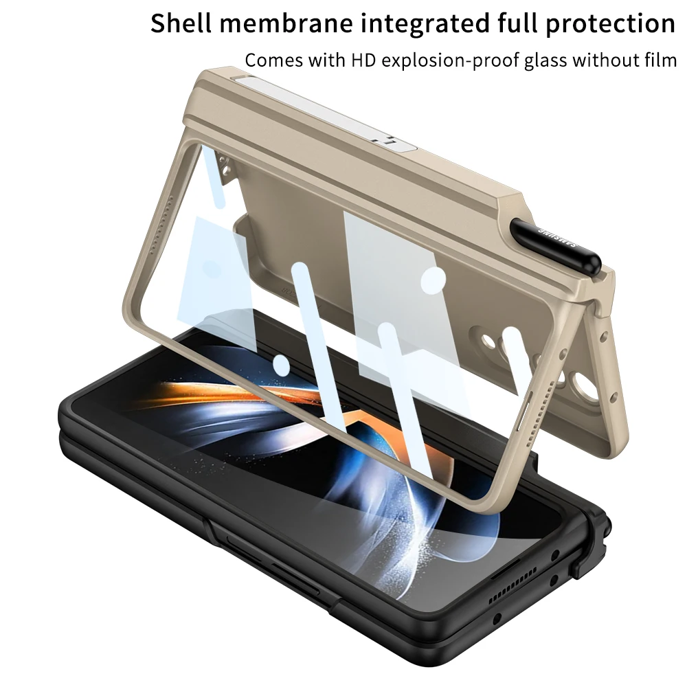 For Samsung Galaxy Z Fold 4 5G Magsafe Wireless Charging Magnetic Hinge Pen Holder Bracket Case with Glass Film Matte Hard Cover