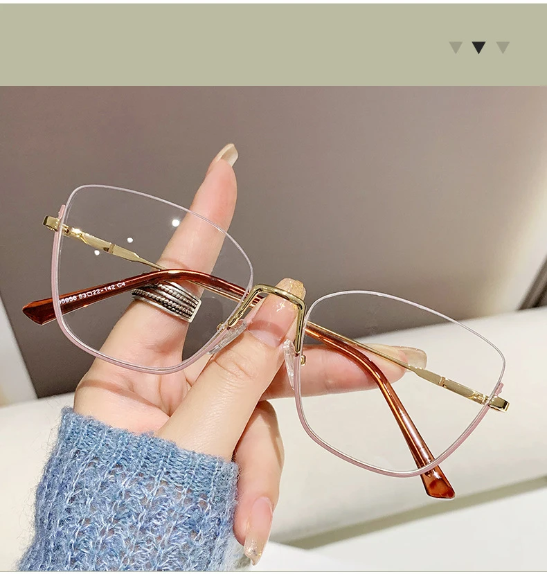 R57219 Mode Halbrahmen Lesebrille Frauen Trend Metall Optische Presbyopie Brille Dioptrie +50 +100 +200 +300 – Detail 8