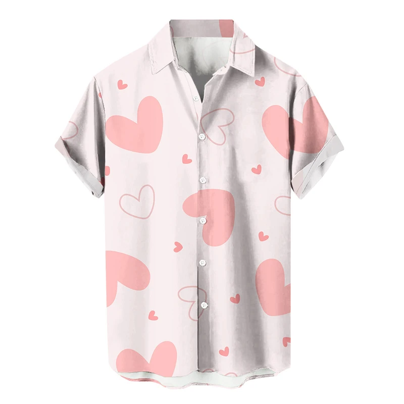 thumbnail image 1 of Camisa casual de moda para hombre con estampado 3D de patrón de amor y solapa estilo hawaiano, manga corta, ropa de playa transpirable, 1 of 5