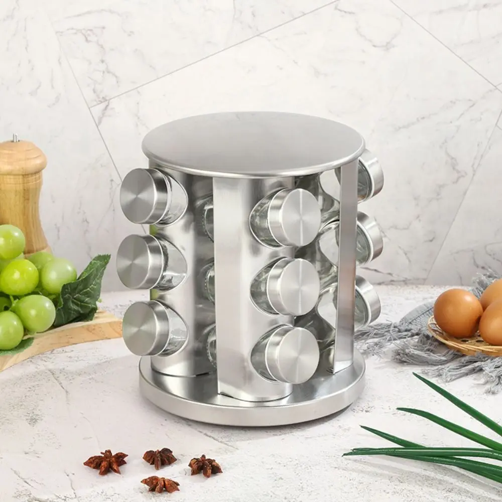 360 Rotating Rotating Spice Rack Food Grade Glass Round Design Seasoning Bottle Multi-Functional Stainless Steel
