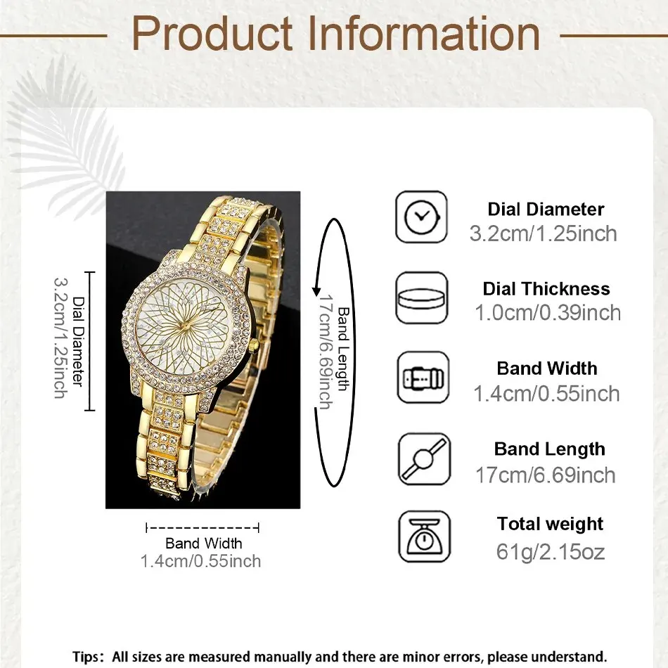 Sdae51867e55c457bb11f212901f14e18W 5PCS Set Luxury Watch Women Ring Necklace Earrings Rhinestone Fashion Wristwatch Female Casual Ladies Watches Golden Color Set Mallzona