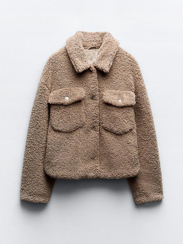 

Zach AiIsa New Autumn and Winter Women's Fashion Lapel Long Sleeve Single Breasted Loose Pocket Fleece Jacket Short Jacket