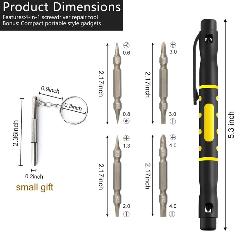 T42C-3Pack 4 In 1 Pocket Screwdriver Portable Multi-Purpose Screwdriver Eyeglass Repair Home Repair