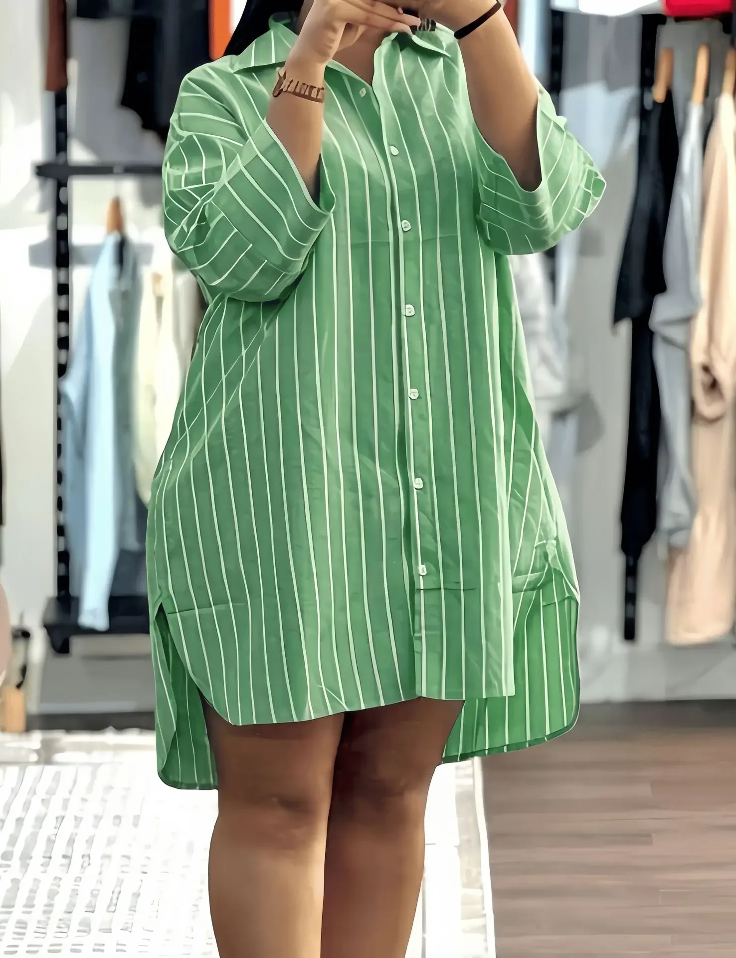 Women Mid Length Shirt Striped Turn Down Collar Full Sleeve Top Single Breasted Blouse Y2k Streetwear Elegant Shirts Loose 2026