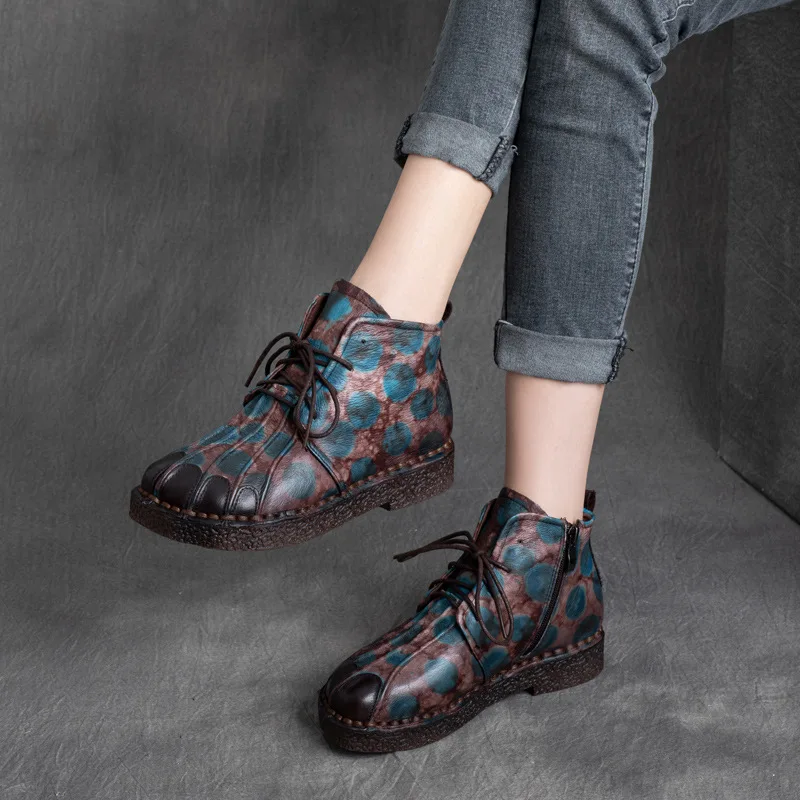 

3cm Print Hollow Genuine Leather Women Summer Designer Authentic Mixed Color British Fashion Ankle Mid Calf Boots Flats Shoes