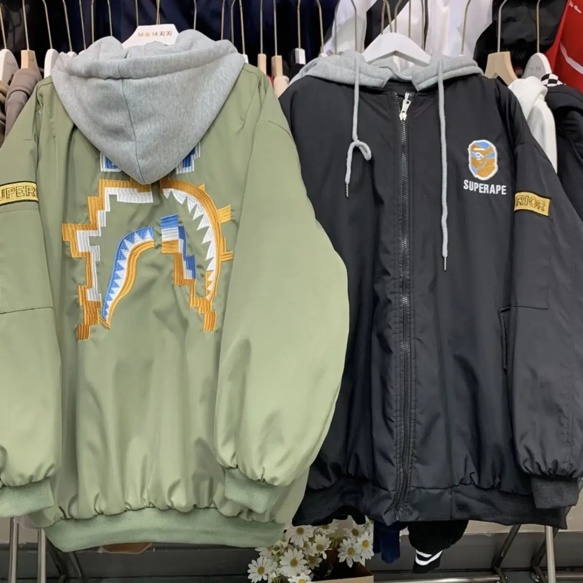 Embroidered Shark Baseball Jacket Coat Men's and Women's Loose Jacket Cotton Clothing Coat Women  Winter Coat Trench Coats