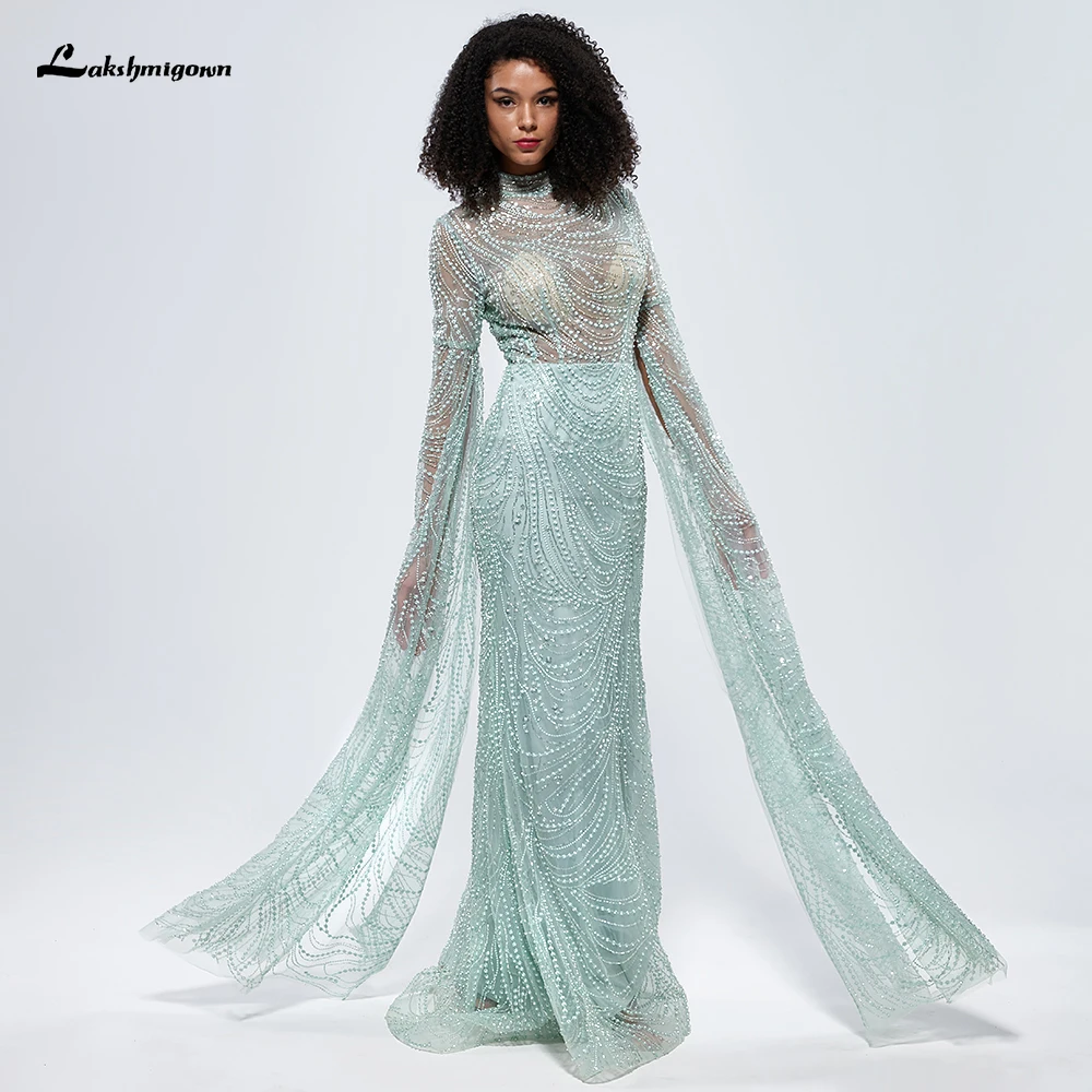 

Lakshmigown Dubai Mint Green Mermaid Evening Dress 2024 Cape Sleeves Beaded Pearls Arabic Evening Gowns For Women Wedding Party