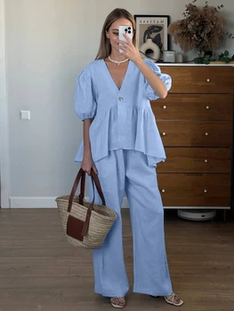 Marthaqiqi Home Clothes Female Sexy V-Neck Sleepwear Short Sleeve Nightgowns Wide Leg Pants Loose Women'S Nightwear 2 Piece Set