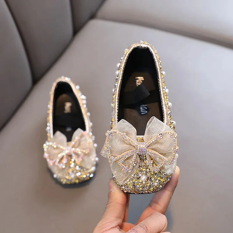 

NEW Spring Children's Lace Bow Princess Shoes Girls Color Sequins Leather Shoes New Kids Soft-Soled Wedding Shoes H807