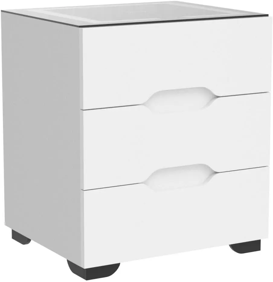 White Smart Nightstand with Wireless Charging Station & Adjustable LED Lights, High Gloss End Table with 3 Drawers