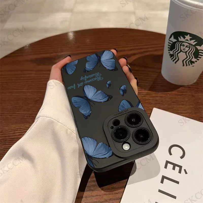 Elegant Blue Butterfly Silicone Shockproof Matte Phone Case – Soft Back Cover