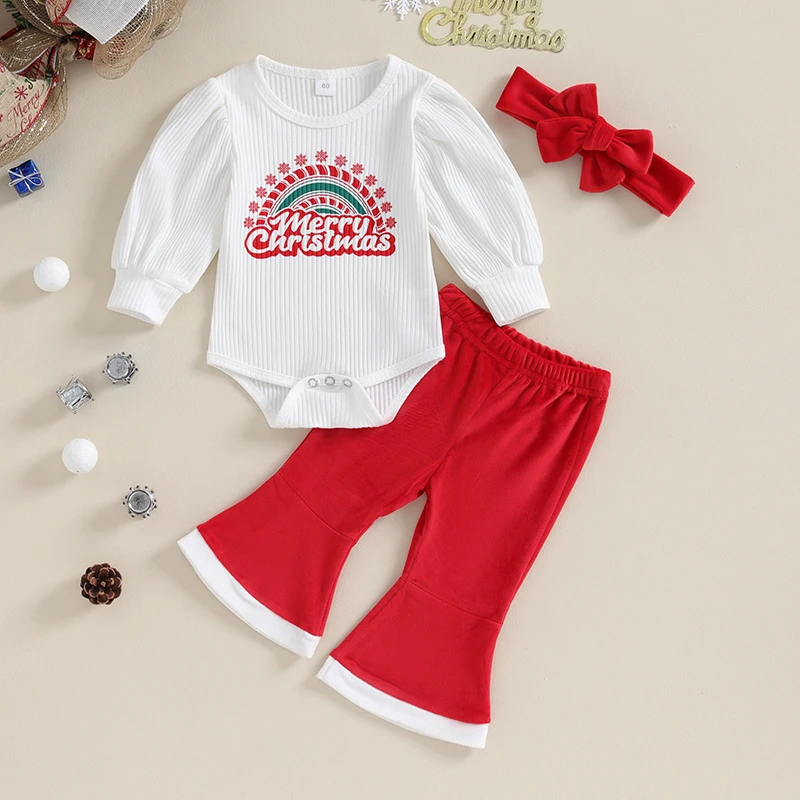 

Christmas 0-2Y Baby Girls Outfits Letter Print Ribbed Long Sleeves Romper and Flared Pants Headband Fall Clothes