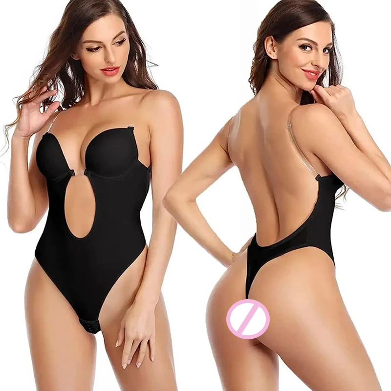 Sexy Women Bodysuit U Plunge Backless Body Shaper Deep V-Neck