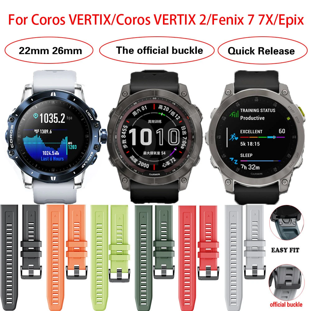 26 22MM Official Watchband for Garmin Fenix 7 7X Epix/Coros VERTIX/VERTIX 2 Watch Quick Release Silicone Easyfit Wristband Strap