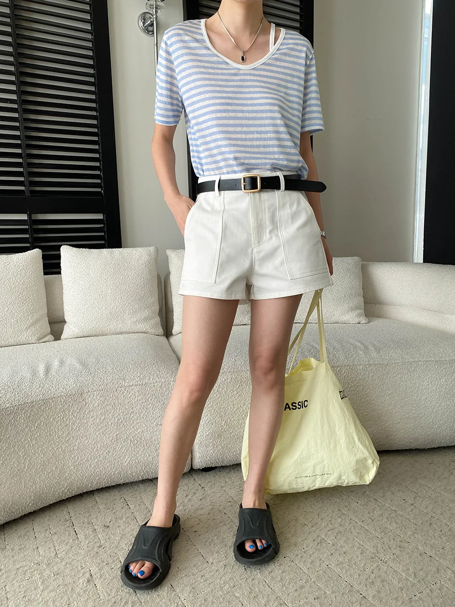 Frühlings- und Sommer-Damen-Shorts in Unifarben mit hoher Taille, weitem Bein und großen Taschen im Workwear-Stil. – Detail 28