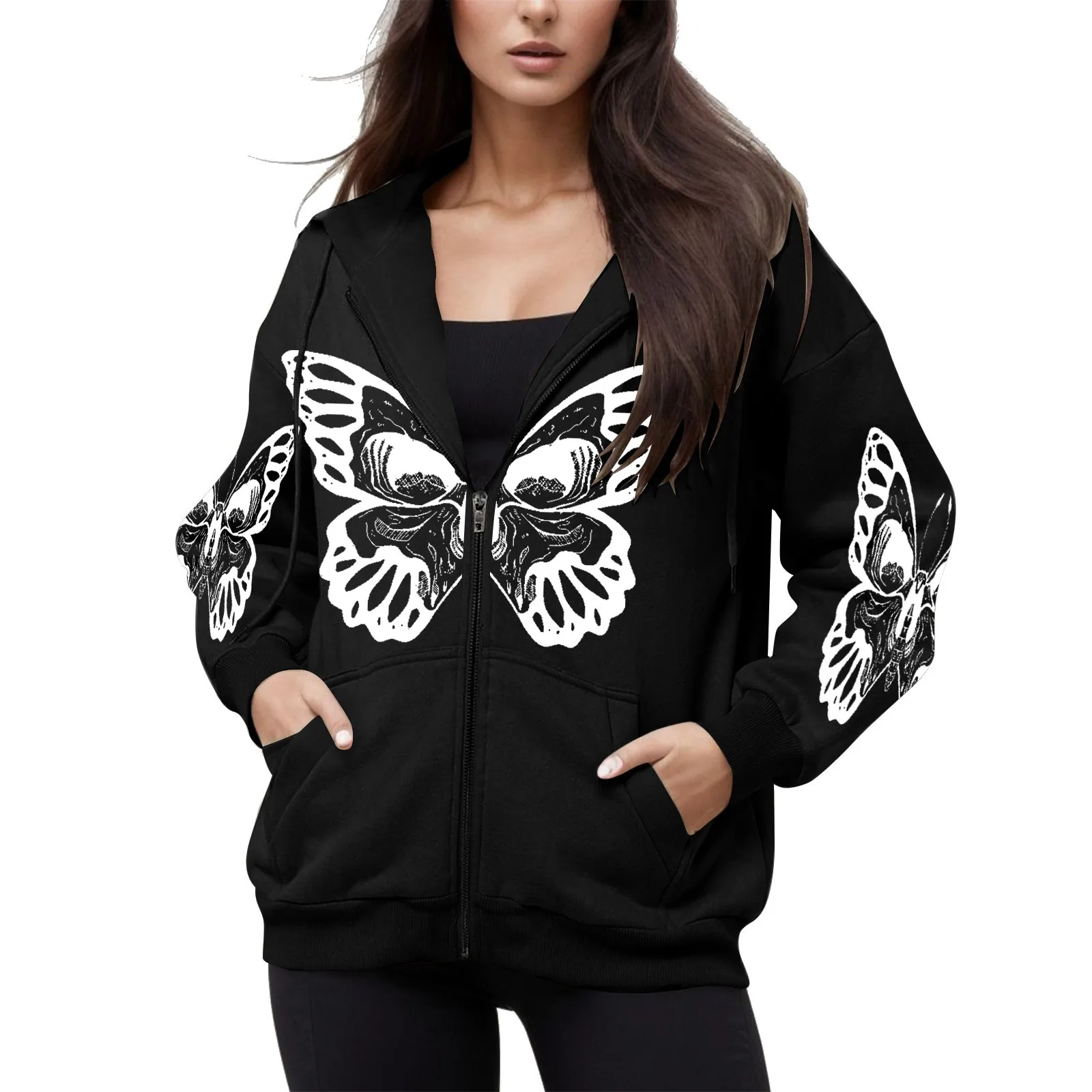 Hip Hop Butterfly Zip Up Hoodies Women Black Gothic Skeleton Sweatshirts Hooded Tops Oversize Drawstring Pockets Outwear Tops insdoit punk grunge patchwork pants skirt women gothic black streetwear harajuku pockets skirts aesthetic sexy high waist skirts