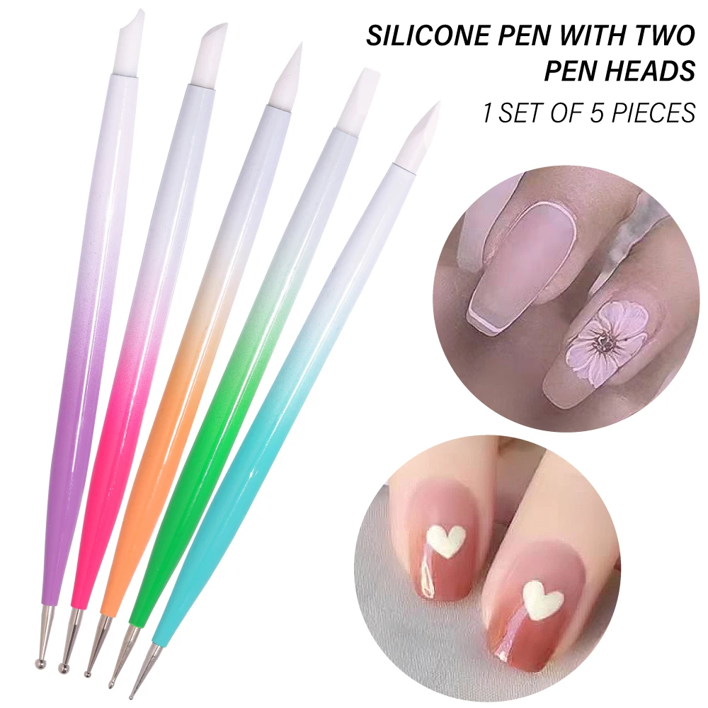 YIKOOLIN 5PCS Dual-Head Nail Art Silicone Brush Dotting Pen Set Nail Art Dotting Painting Tips Manicure Tools Brush Pen Art 6