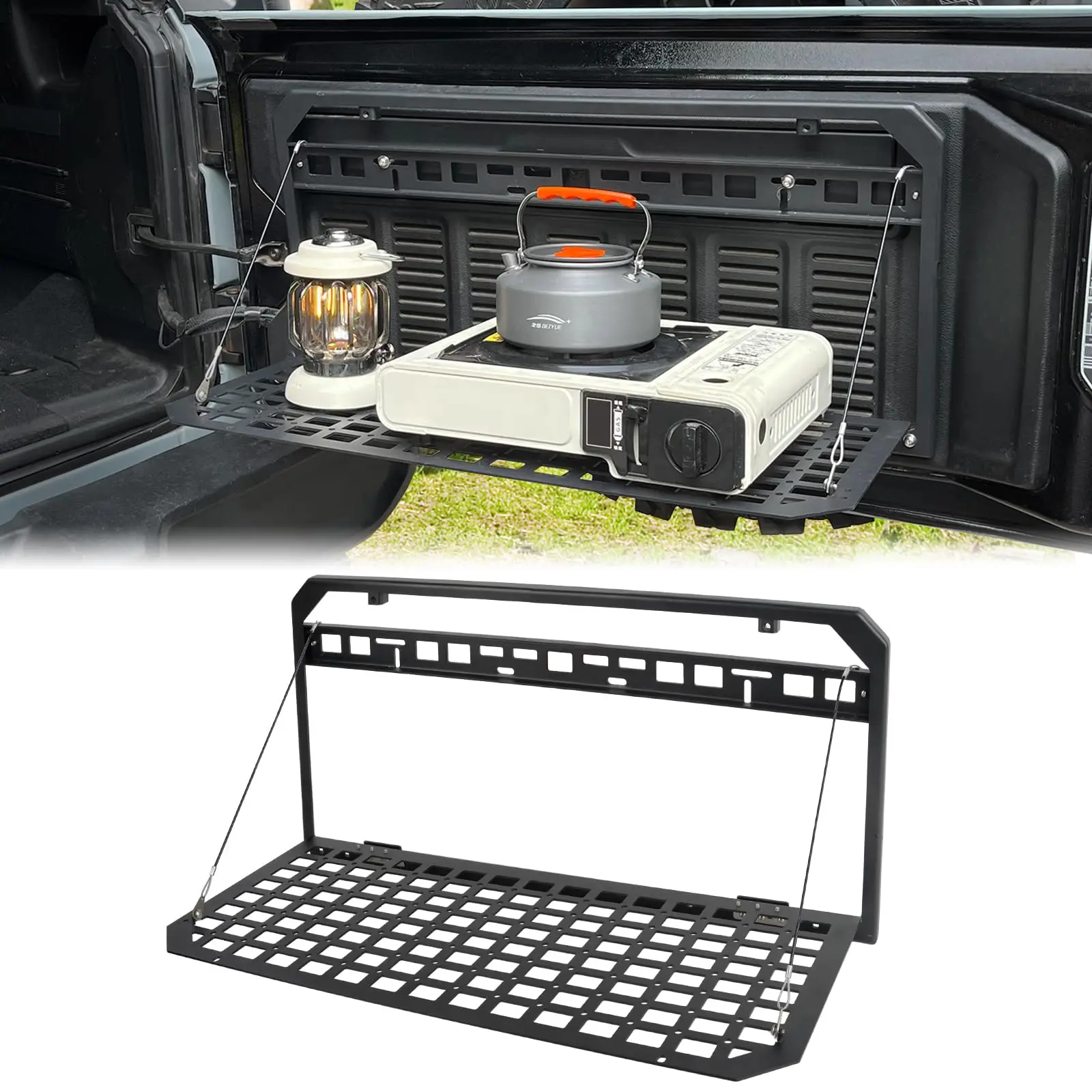 

MAIKER Tailgate Table for Jeep Tailgate MOLLE Panel for 2007-2024 Jeep Wrangler JK JKU JL JLU Foldable Cargo Shelf Aluminum