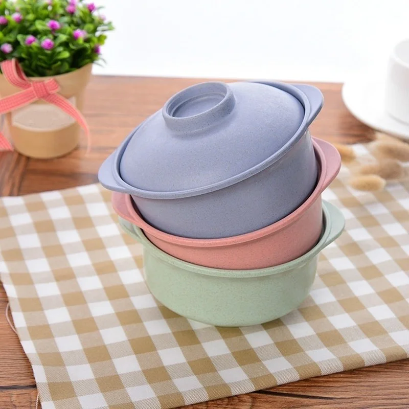 Portable Food Container Lunch Tray Dishes Soup Bowl with Lid Pure Natural Wheat Straw Creative Salad Noodles