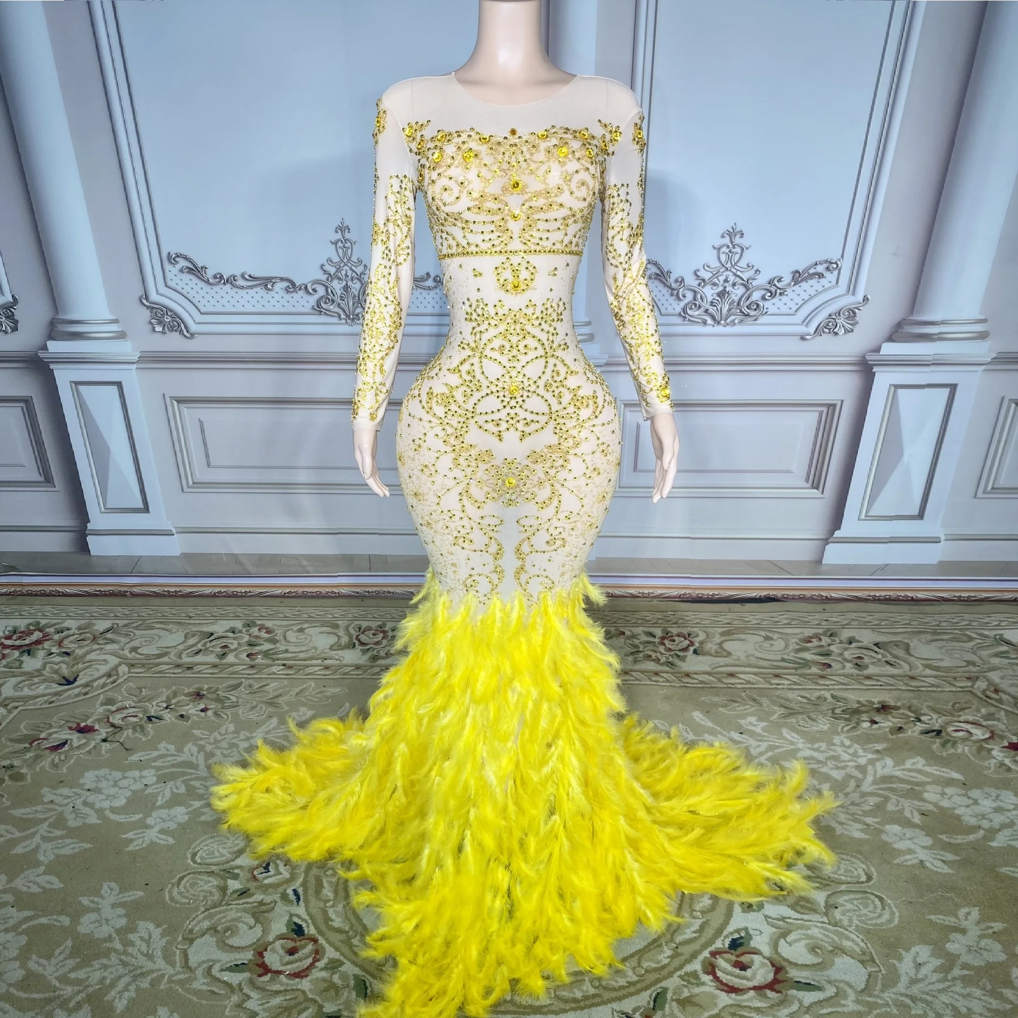 

Yellow Color Feather Ladies Long Sleeve Beading Trumpet Floor-Length Dress Bodycon Evening Party Dress Singer Show Stage Costume