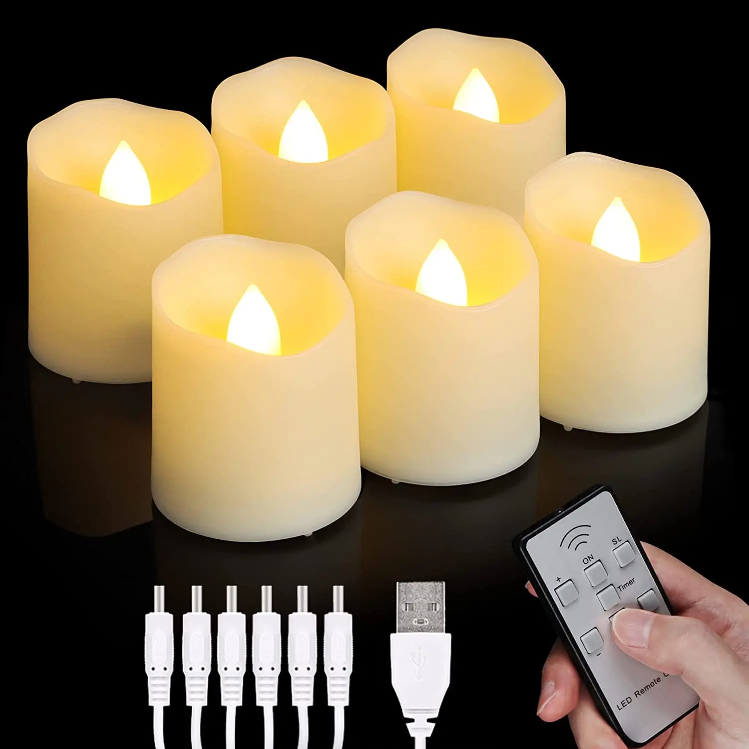 6 pack Rechargeable LED Tea Lights USB Flameless Warm White Votive Candles  with Remote Flickering Candle for Home Decoration