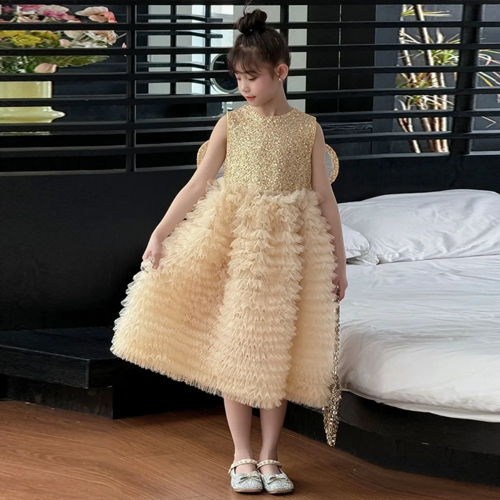 Butterfly Bow Wings Children Princess Dress Round Neck Sequin Sleeveless Kids Birthday Cake Dress Loose Casual