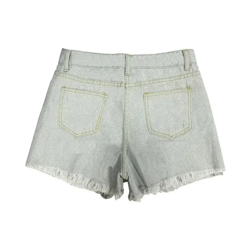 Women Light Blue Vintage Denim Shorts 2024 Fashion Broken Holes Streetwear Summer Casual Tassel Trouser Legs Three Quarter Pants
