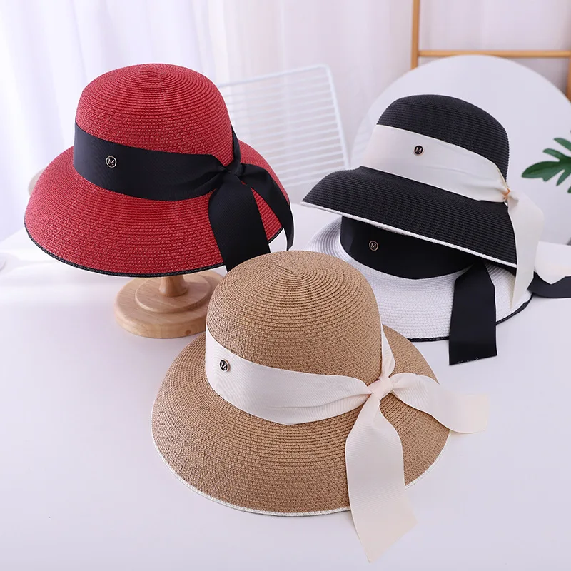 

Retro French Hepburn Women's Straw Hat Bow Summer Seaside Big Brim Sun Protection Shade CapTravel Vacation Leisure Beach Hat