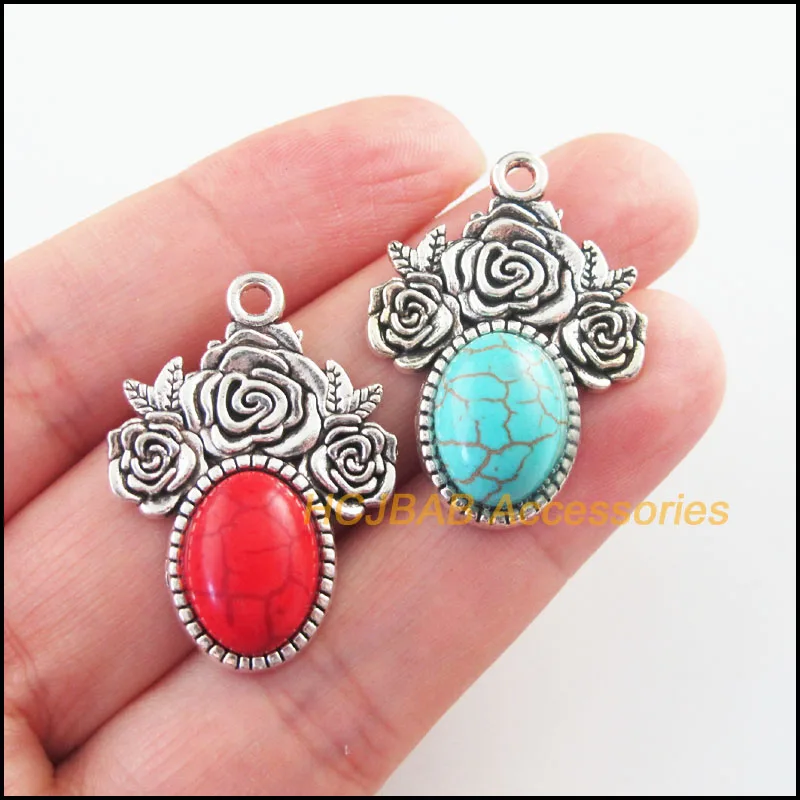 

Fashion New 6Pcs Retro Tibetan Silver Plated Tone Flower Oval Blue&Red Stone Charms Pendants 23x32mm