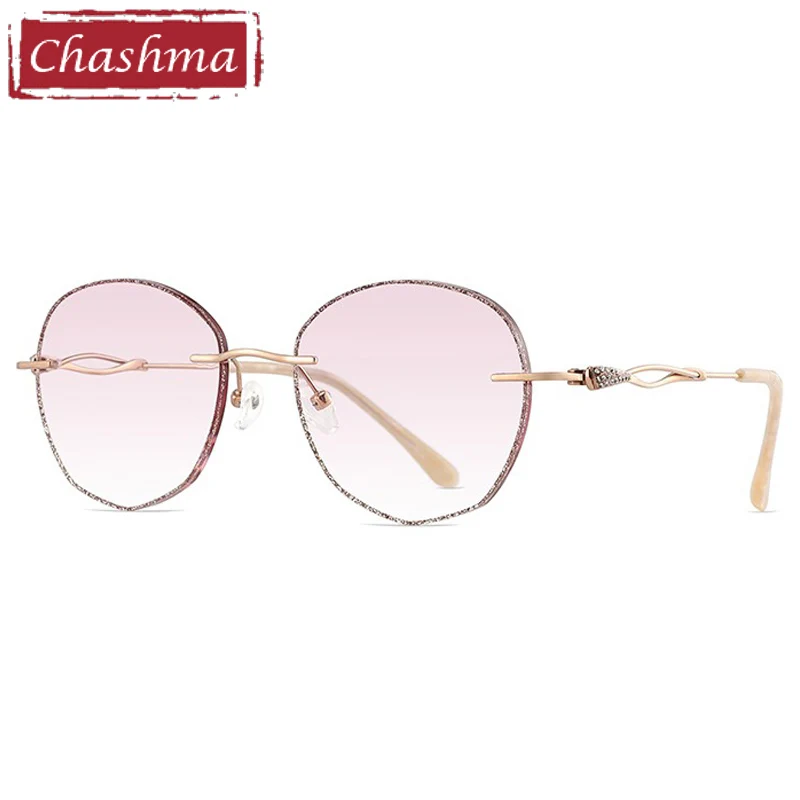 

Rhinestone Sunglasses Women Titanium Colored Lenses Fashion Eyeglasses Diamonds UV Protection Rimless Eyewear for Female