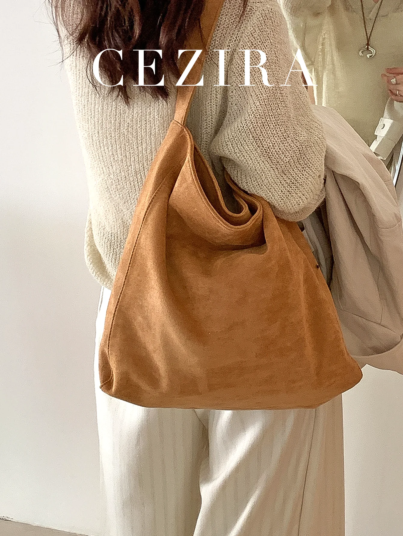 Borsa a tracolla hobo di grande capacità con magnete in morbido tessuto scamosciato sintetico color Maillard casual slouchy per le donne, lo shopping - immagine 2