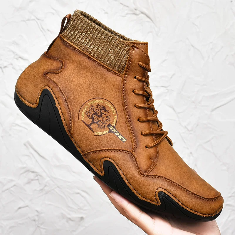 Leather Men Boots Men Casual Shoes Sneakers High Top Western Ankle Boots Waterproof Winter with Fur Super Warm Snow