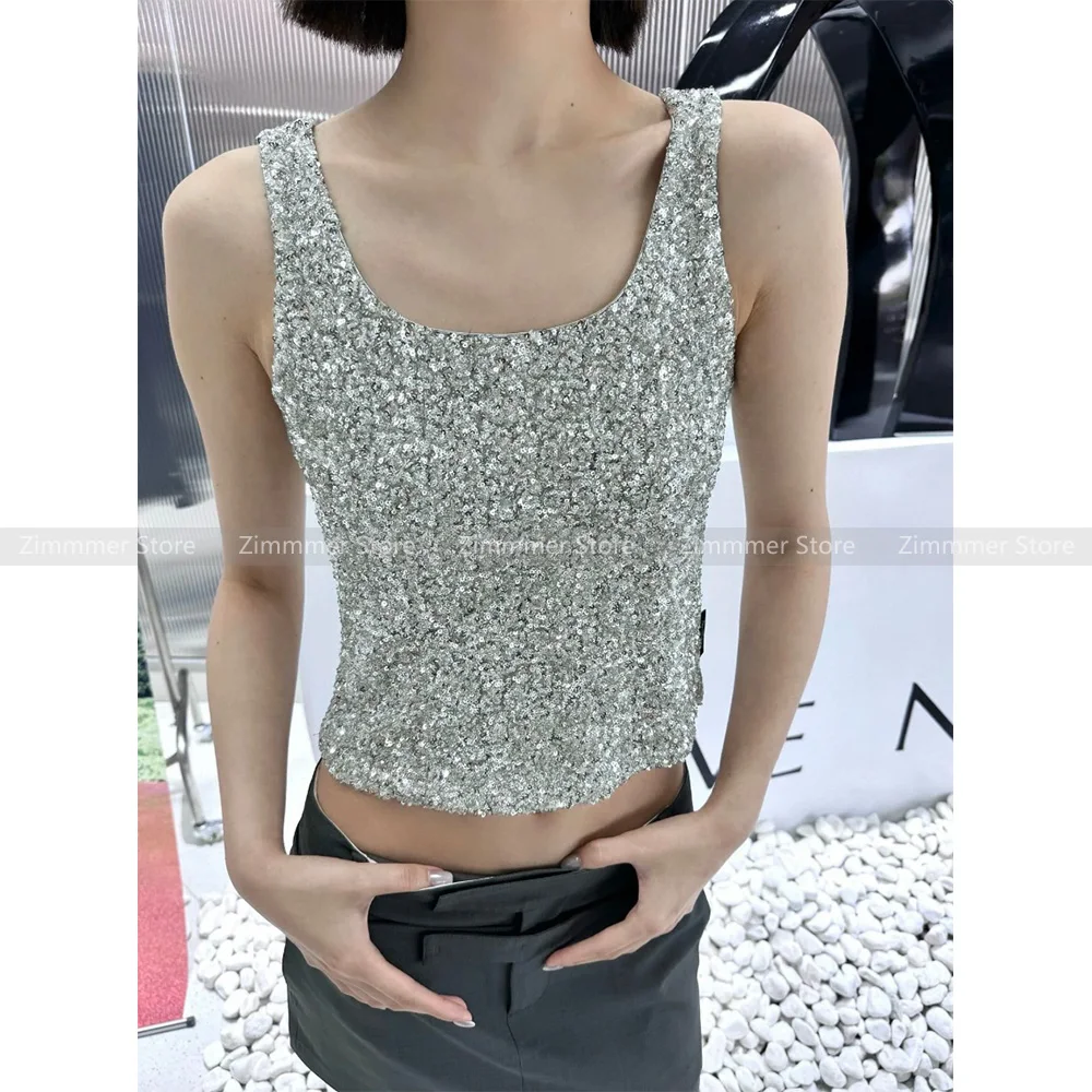 

Niche Sweet Cool Sexy U Neck Sequins Knitted Inner Vest Camisole Top Women 2024 Summer New