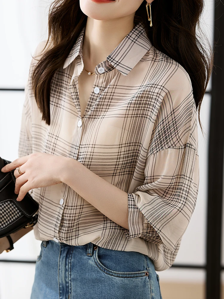 QOERLIN Thin Summer Long Sleeve Check Shirts Women Turn-Down Collar Button Up Blouse Loose Casual Tops Female 2023 New Spring xsjpzh 2023 new women down cotton coat light short outwear fashion versatile overcoat winter jacket female diamond check parkas