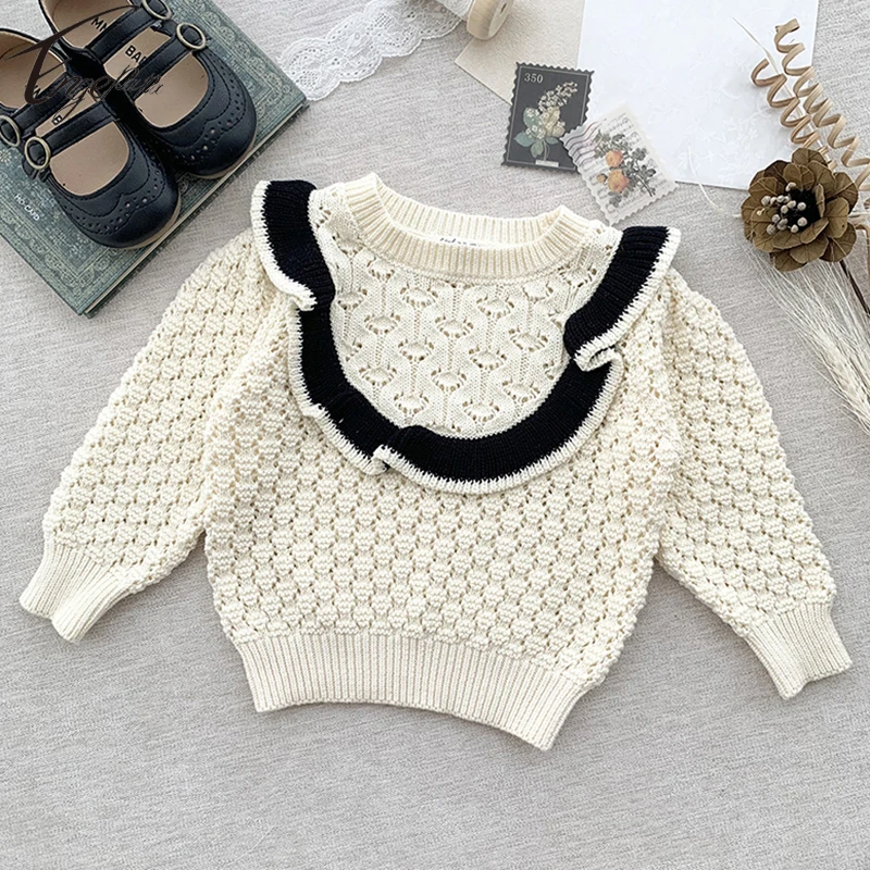 

2023, детская одежда для девочек, Детский свитер с вырезами, свитер для малышей на весну и осень, вязаная одежда, пуловер с длинным рукавом для маленьких девочек, милые топы