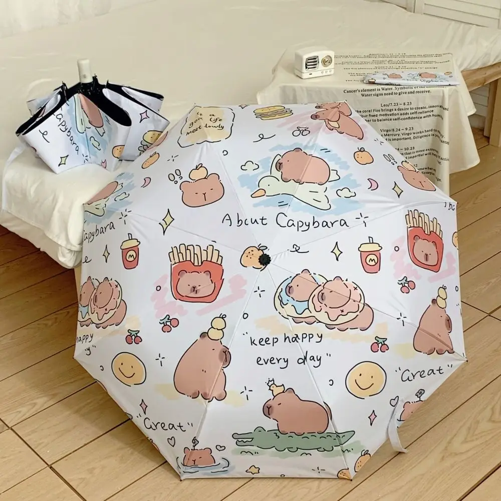 Cute Dual-use Capybara Umbrella Folding Automatic Sunshade Umbrella 8 Ribs Foldable Rain Umbrella Women Girl