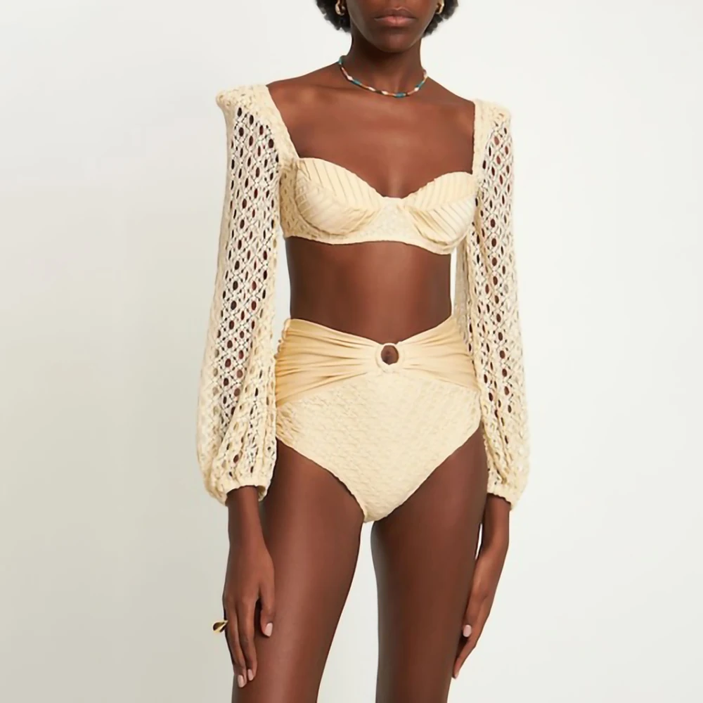 

Solid Color Knitted Puff Long-Sleeved Swimsuit 2024 Retro Women Halter Straps Sexy Luxury Bikini Suit Hollow V-Neck Swimwear