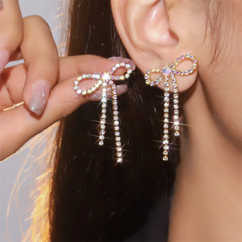 Rhinestone Bowknot Drop Earrings Women Multicolor Bow Tassel Dangle Earring Girls Wedding Party Jewelry Gift