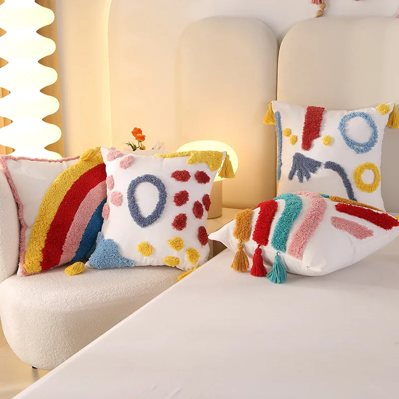 

INS Colour Tufted Tassel Cushion Cover 45*45CM Cotton Canvas Rainbow Embroidered Pillow Cover Dopamine Colored Home Pillowcases
