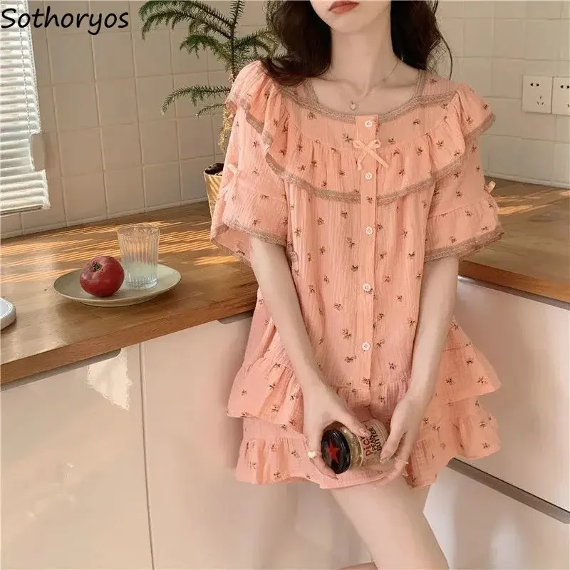 

Pajama Sets Women Folds Flowers Creativity Sweet Summer Home Simple Basics Modern Korean Style Ladies Elegant Cozy Breathable