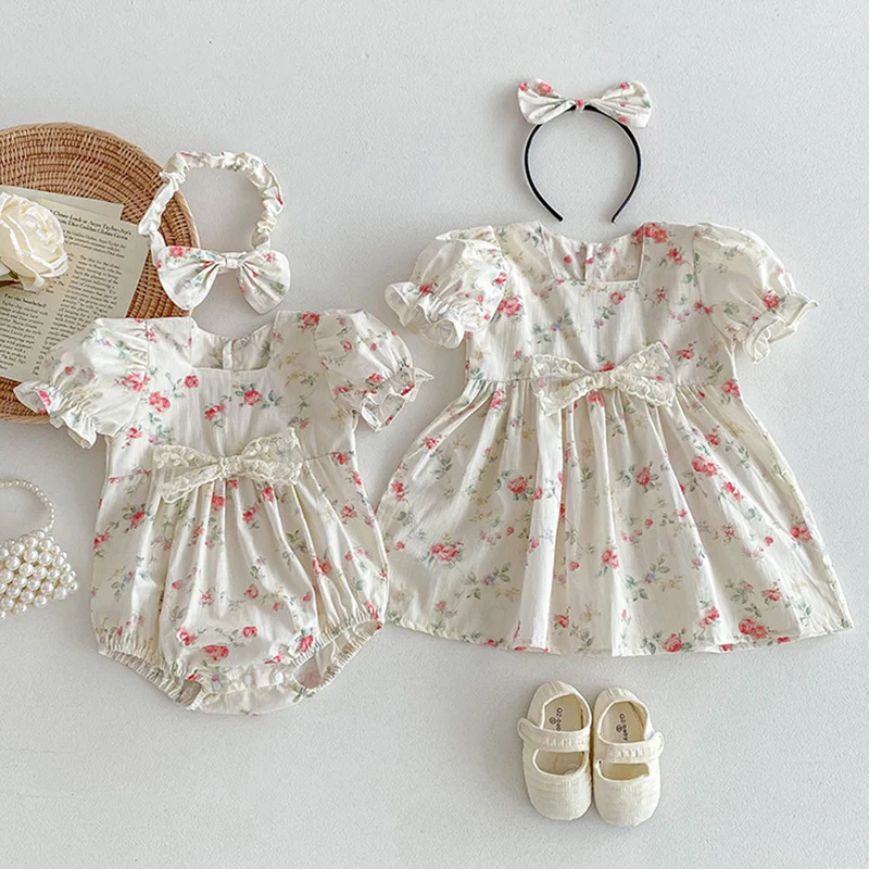 

2024 New Summer Korean Style Baby Girl Party Dress Short Sleeved Cotton Print Infant Baby Romper Kids Princess Dresses