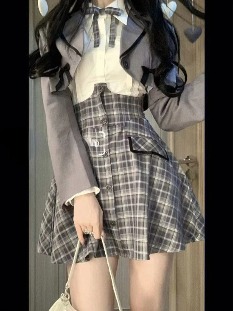 

Preppy Style Fashion 3 Piece Set Skirt Woman Casual Shirt + Short Blazer + High Waist Plaid Mini Skirt Party Elegant 2023 Autumn