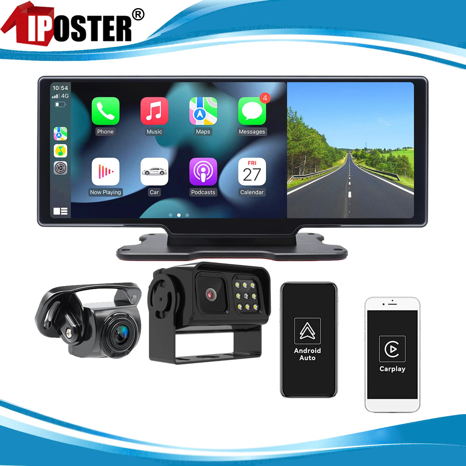 

iPoster 10.26 Inch Wireless Carplay Android Auto DVR GPS Navigation Dash CAM Front Rear View Cameras 1080P For Caravan Truck RV