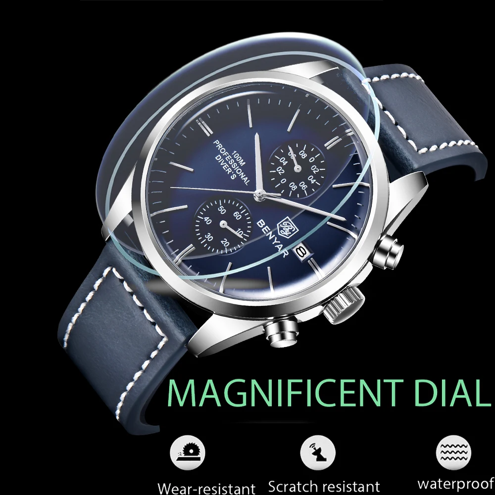 2022 New BENYAR Leather Men Quartz Wristwatches Luxury Brand 100M Waterproof Men Watch Military Sports Chronograph Watch for Men