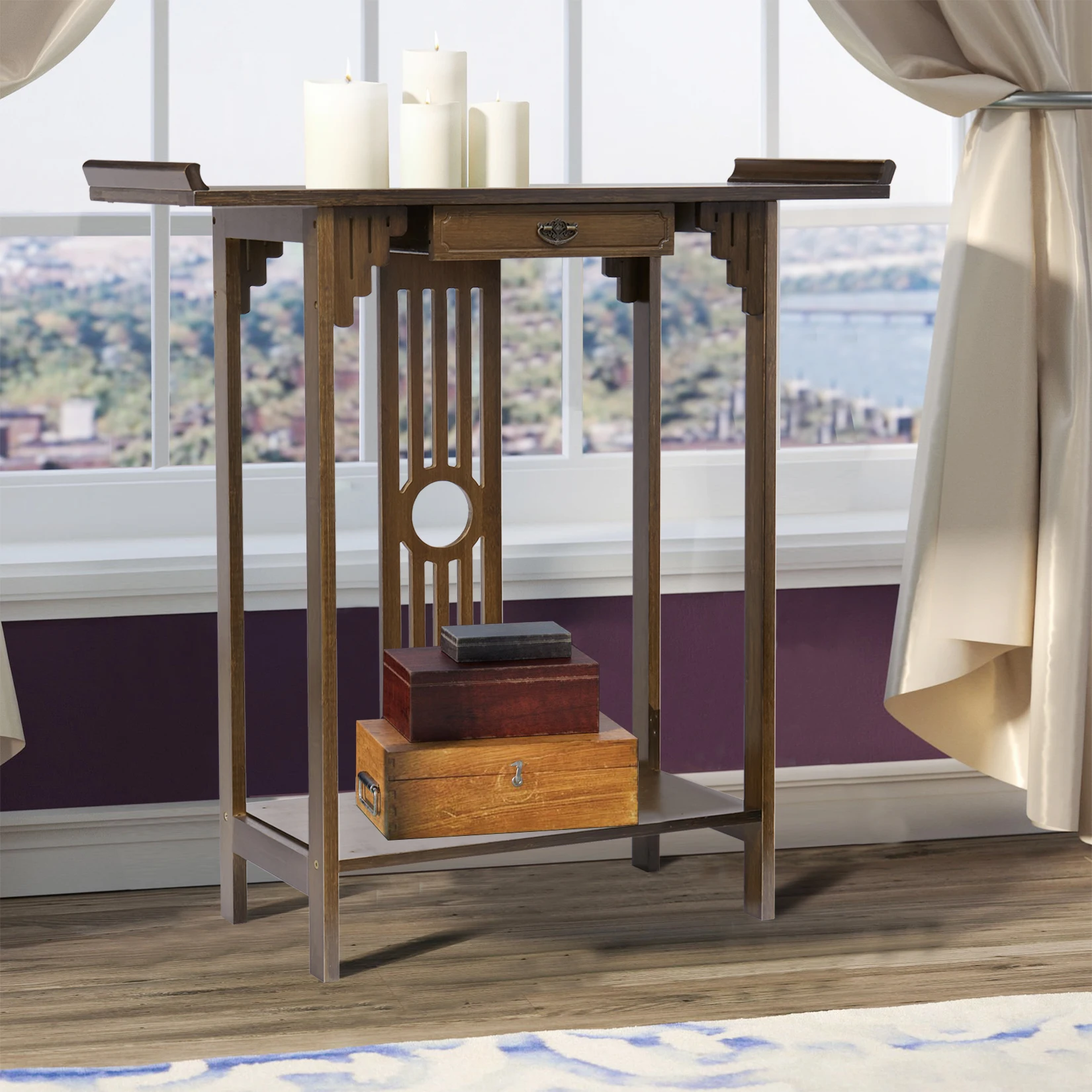 Chinese Porch Table Foyer Bracket Console Table Rustic Bamboo Small Space Side Stand Storage Drawers Foyer Livingroom