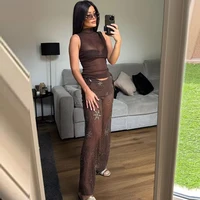 HXAO Tulle Women's Two Pieces Set Baggy Sequin Pants Sets Strapless Crop Top Beaded Long Pants 2 Piece Sets Semi Sheer Trousers - Image 5