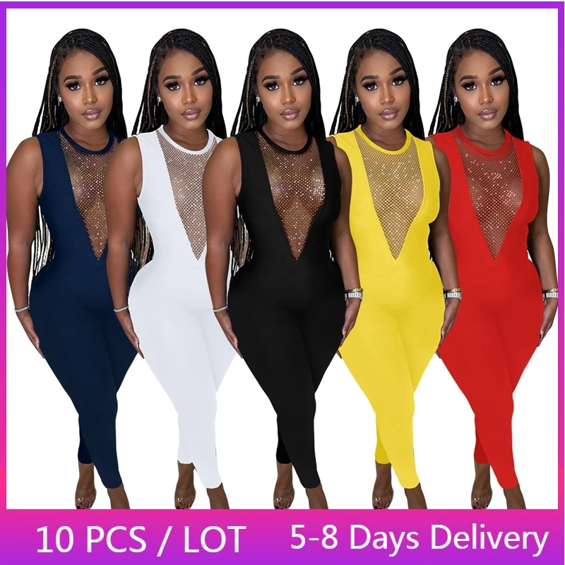 

Wholesale Items Rhinestone Bodycon Sexy Jumpsuit Clubwear Mesh Patchwork Rompers Womens Jumpsuit Summer Rave One Piece Overalls