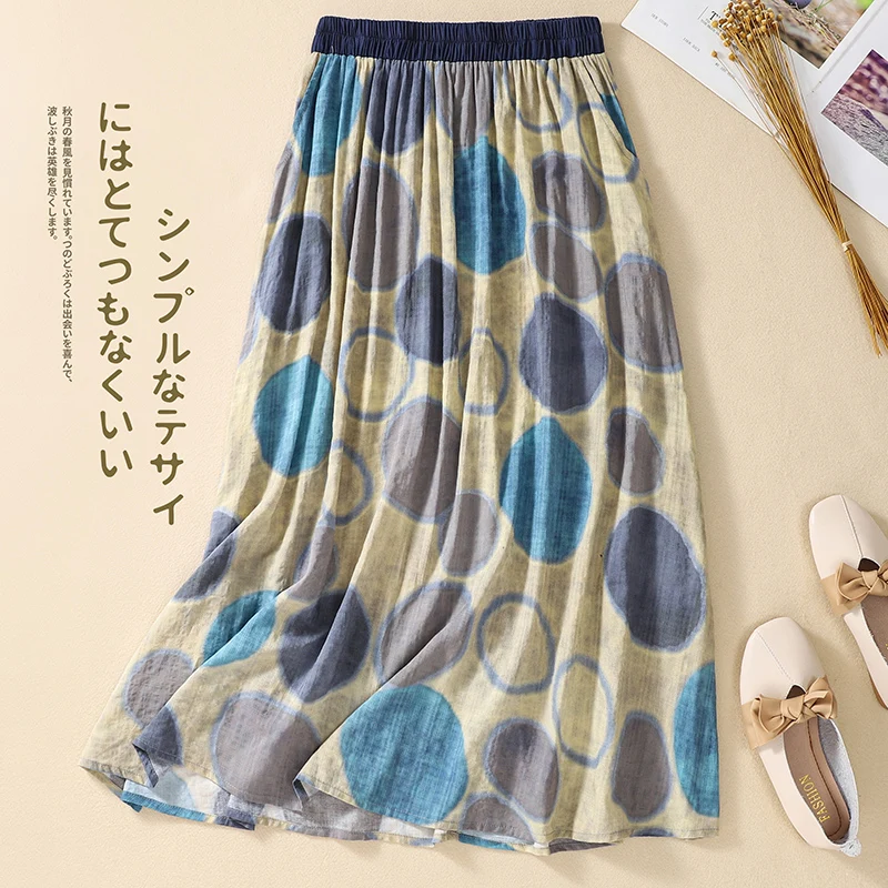 

Limiguyue Vintage Patchwork Polka Dot Summer Long Skirt Women Casual A-Line Elastic Waist All Match Cotton Linen Skirt U306